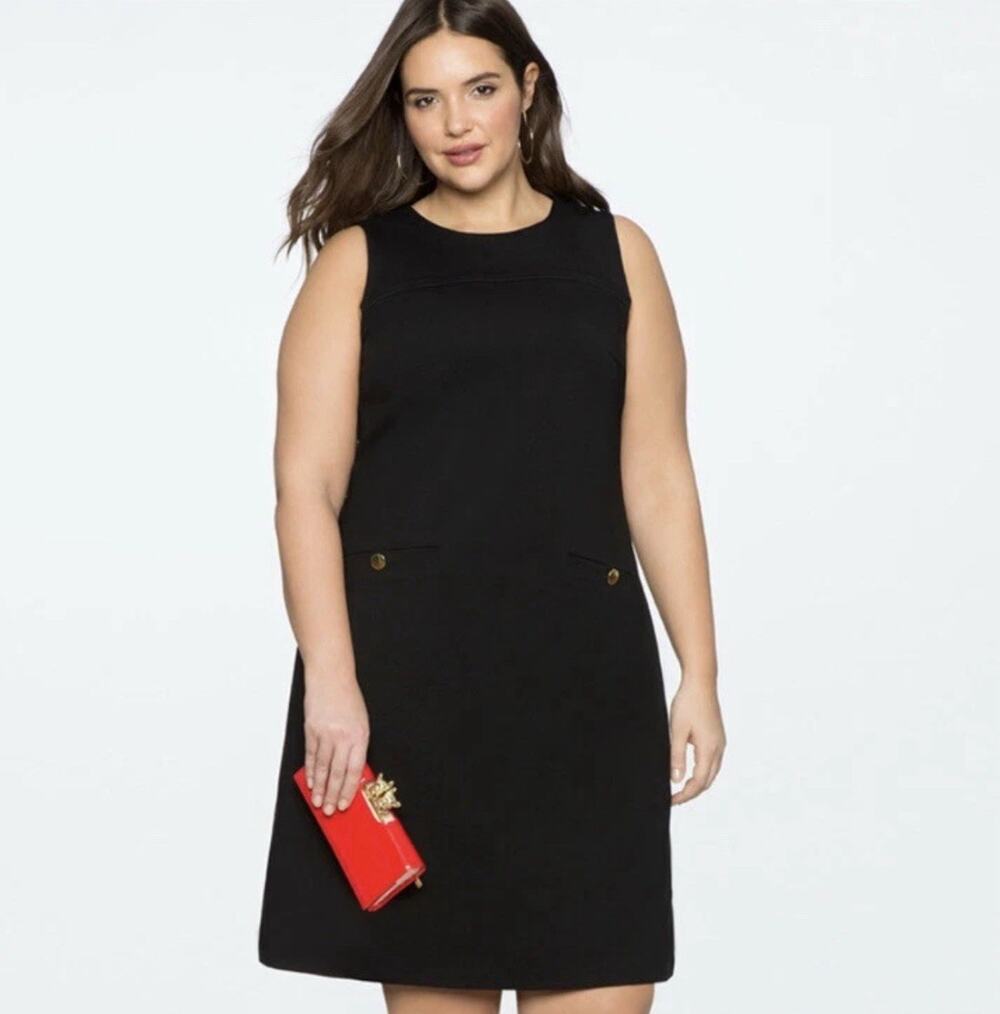 Eloquii LBD Womens SIZE 20 Black Sleeveless Shift Dress GoldButton Pocket Career